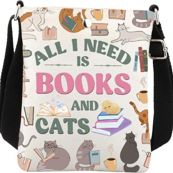 Accessories - Books And Cats Crossbody Bag Waterproof Polyester Adjustable Shoulder